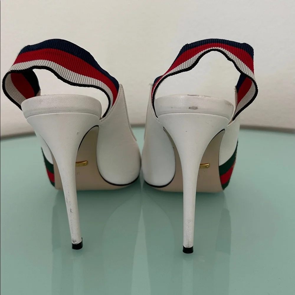 Gucci White Leather Sylvia Elastic Slingback Heels  Box & Two Dust Bags